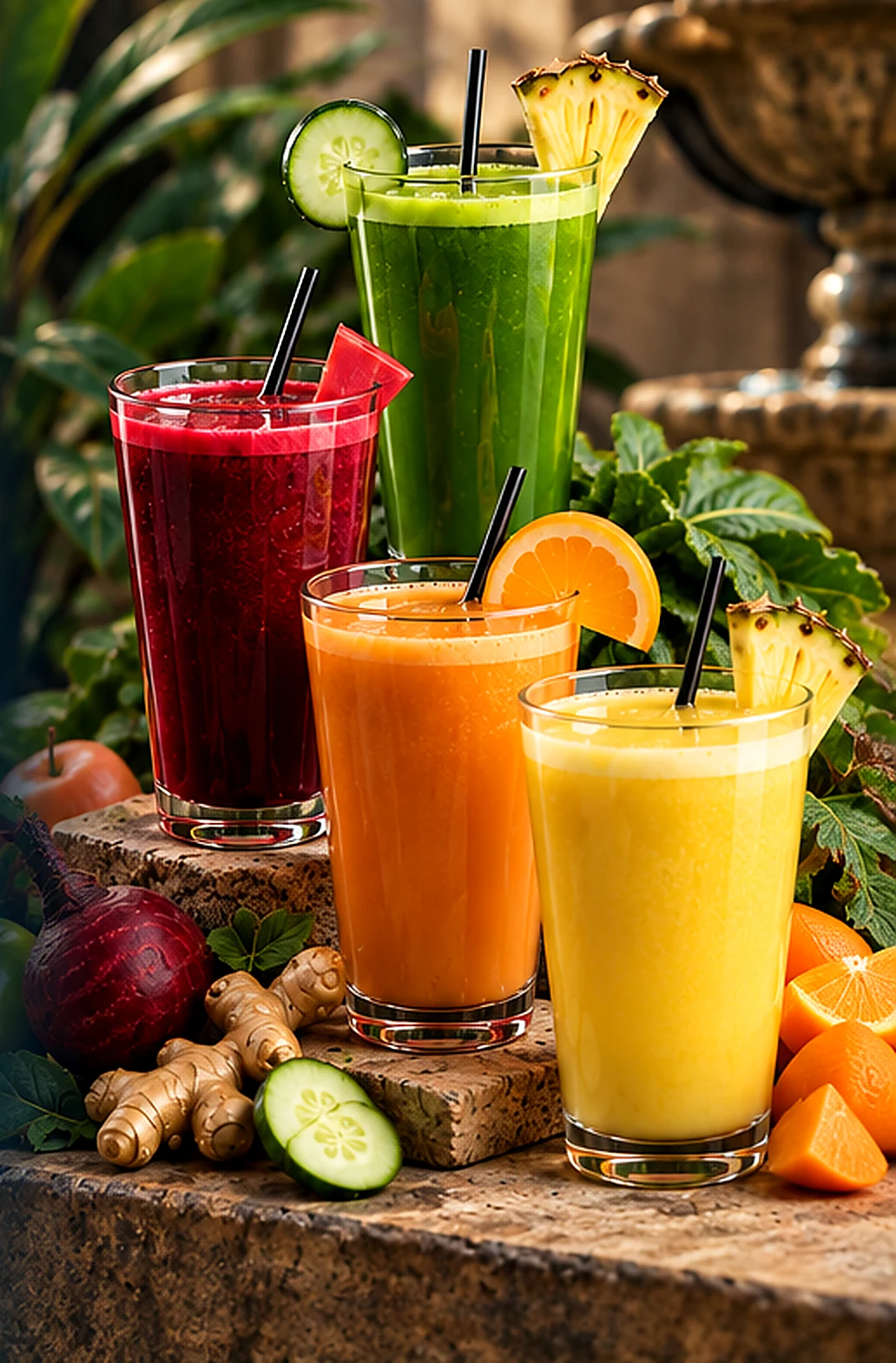 Four colorful freshly pressed green, red, orange and yellow juices with fresh fruit and vegetables.