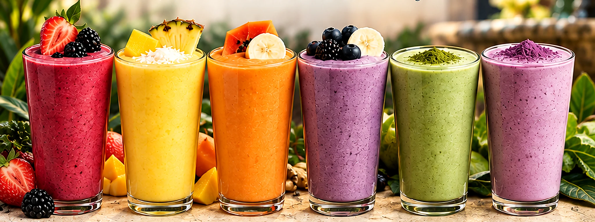 Six vibrant smoothies: berry, tropical mango, papaya, purple blueberry, green matcha and pink taro, garnished with fruit.
