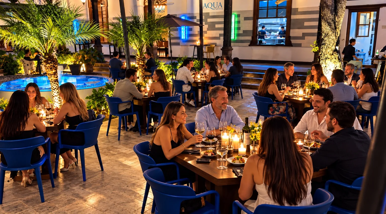 Friends dining in the AQUA garden courtyard