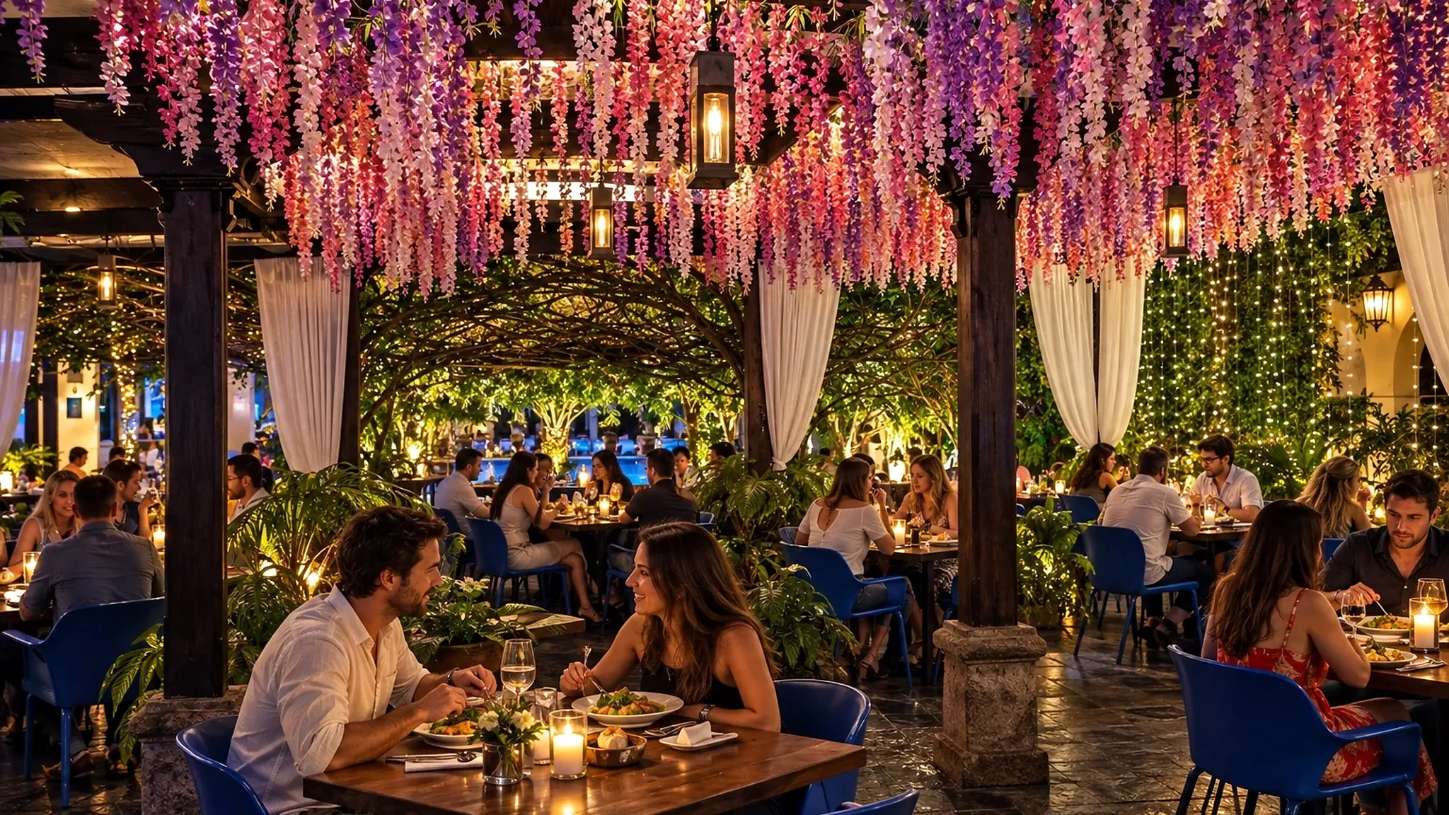 Guests dining beneath colorful hanging flowers in AQUA Antigua’s covered pergola