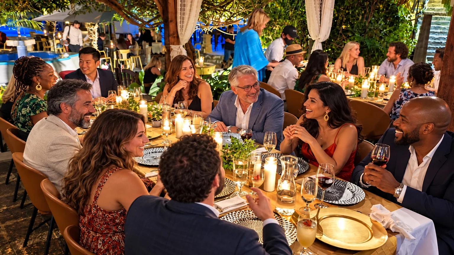 Friends gathering around a festive candlelit table