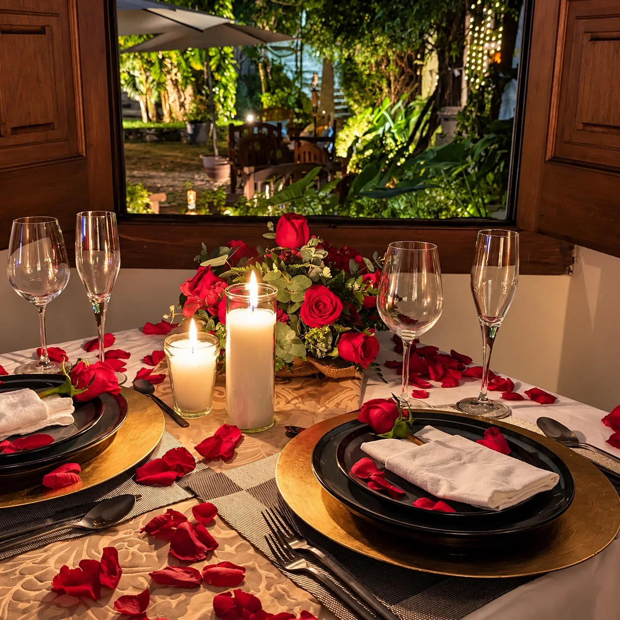 Romantic candlelit table with roses