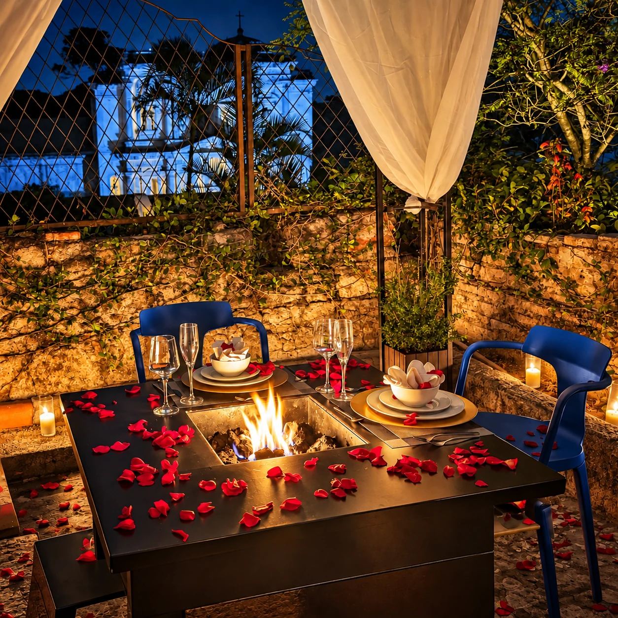 Evening gathering under an outdoor pergola at AQUA