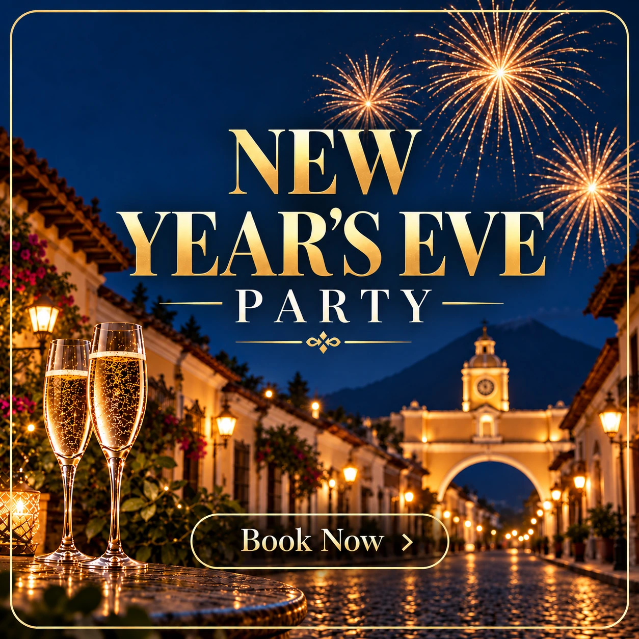 AQUA Antigua New Year’s Eve party announcement with fireworks, champagne and the Antigua arch
