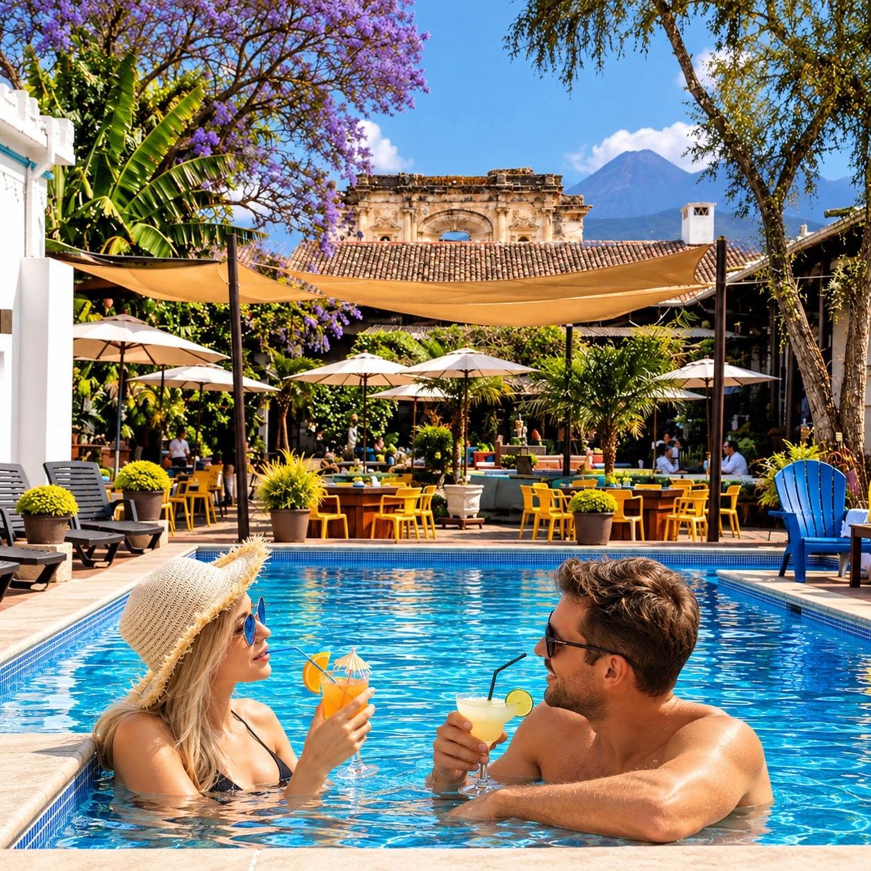 Couple enjoying cocktails in the pool at AQUA