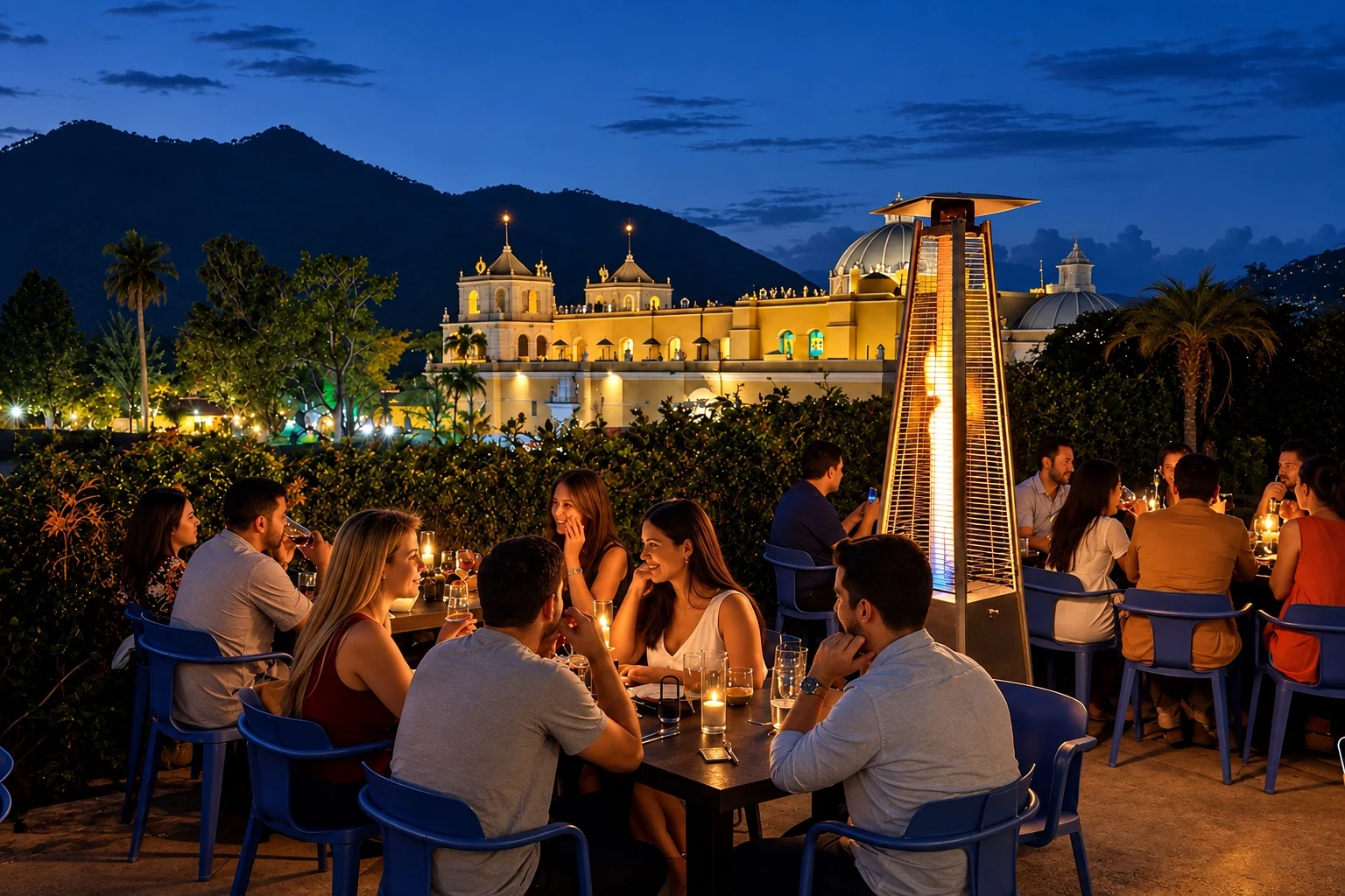Rooftop evening dining by the fire pit overlooking Antigua